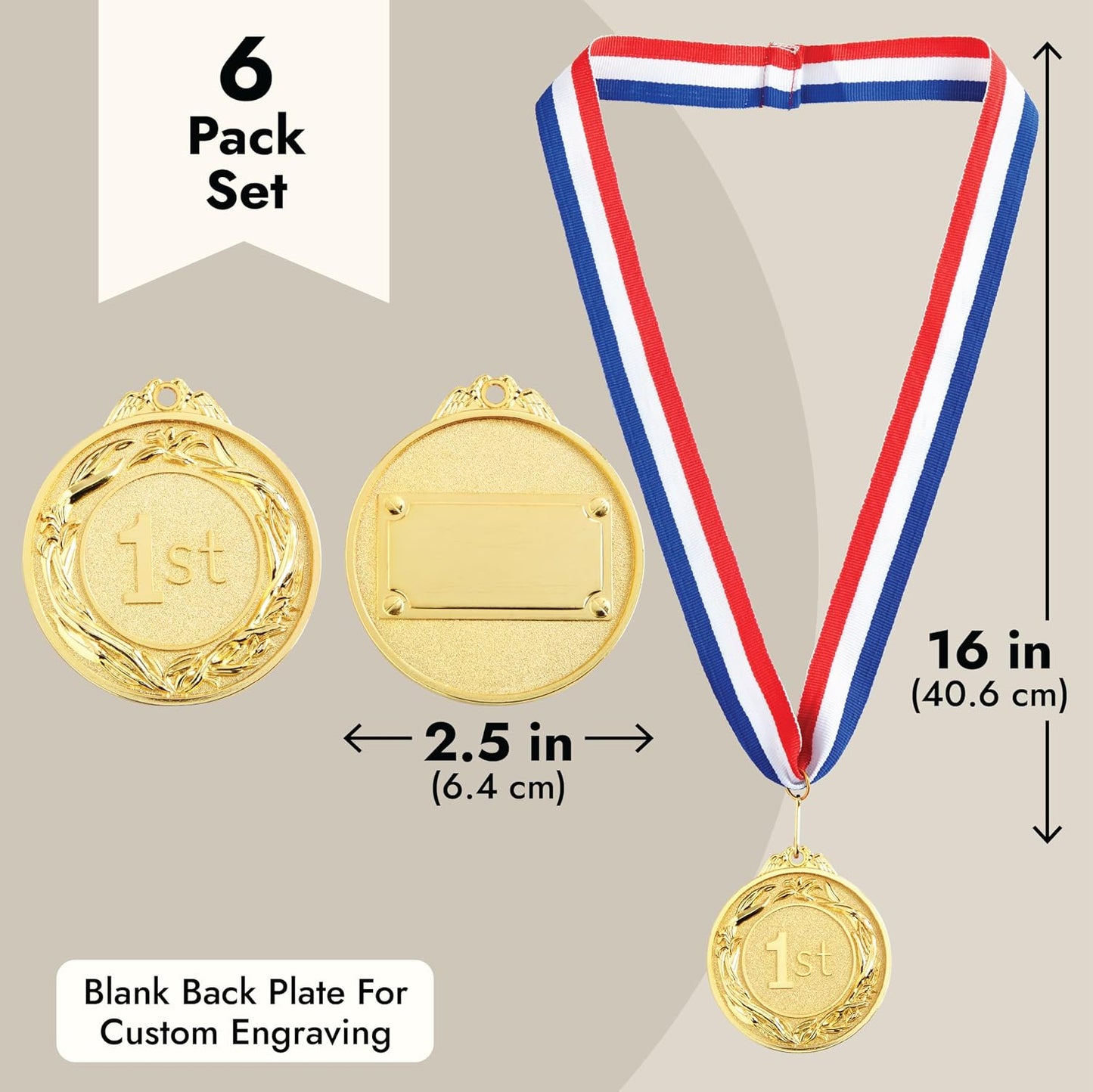 Medallas oro 2.5pulg paquete 6 cinta 16pulg premios deportivos