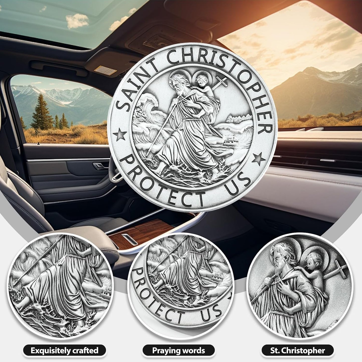 Medalla San Cristóbal visera 2.36pulg accesorio seguridad coche