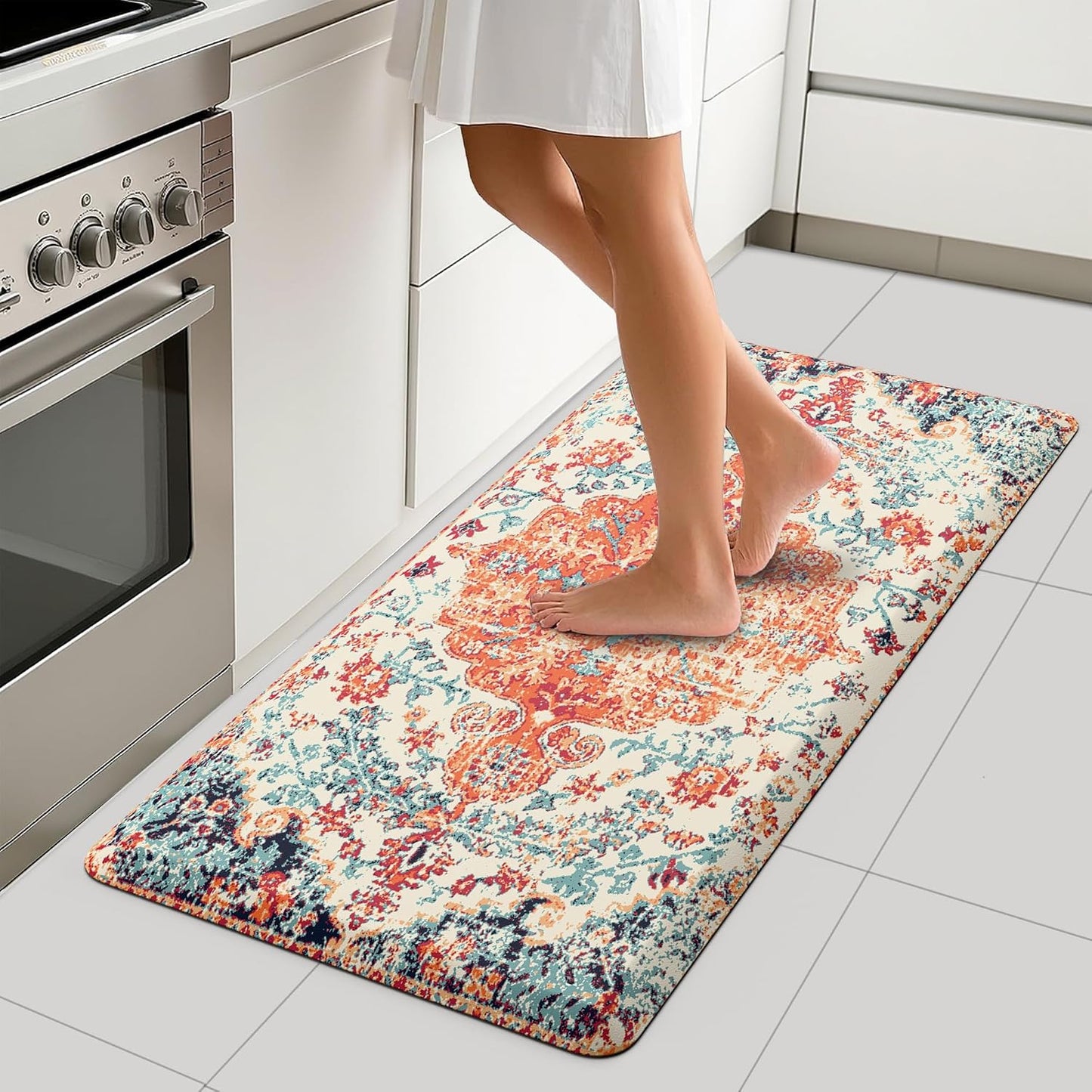 Tapete cocina bohemio antifatiga acolchado naranja azul