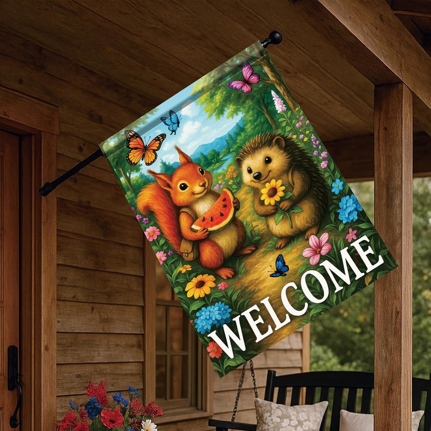 Bandera jardín doble cara 28x40" ardilla flor