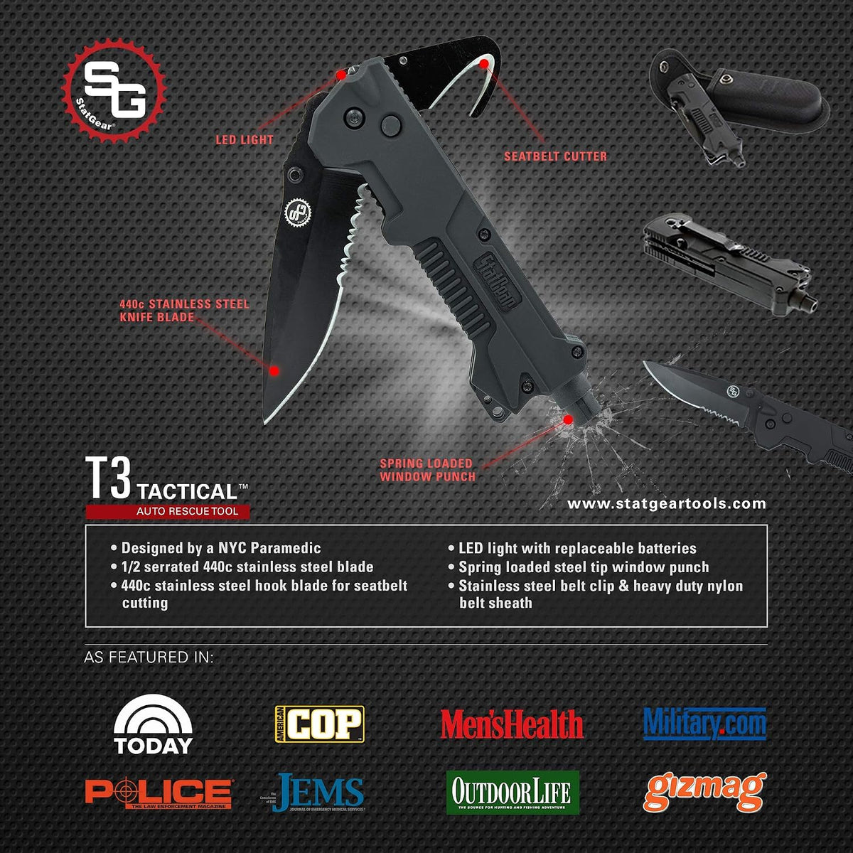 Cuchillo rescate plegable T3 con luz LED y funda