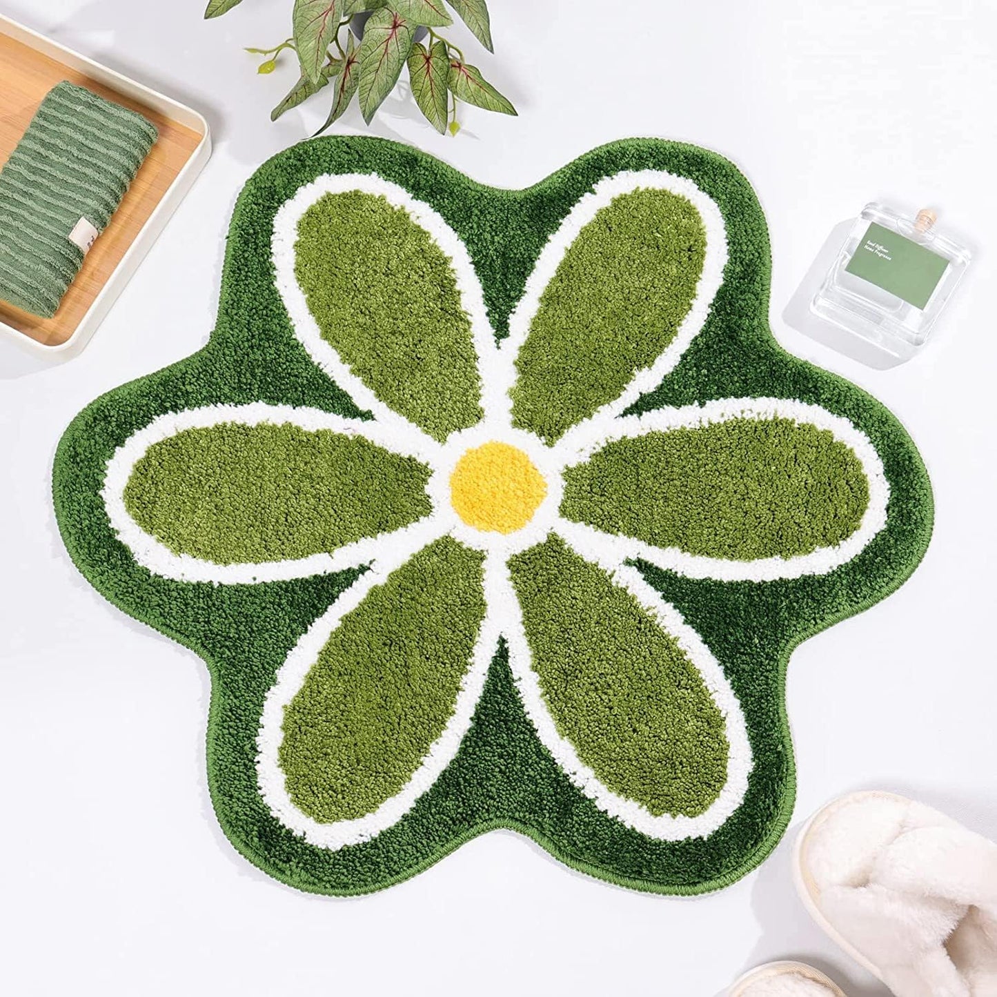 Alfombra baño flores verdes antiderrap absorbente suave