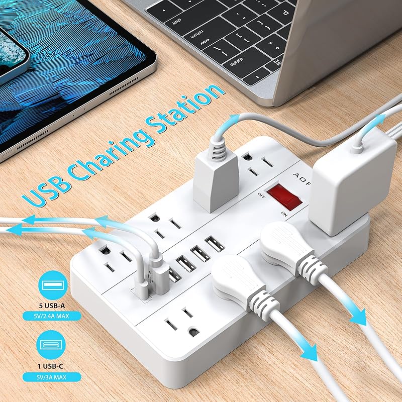 Protector sobretensiones 6 puertos USB 10 ft 8 tomas pared