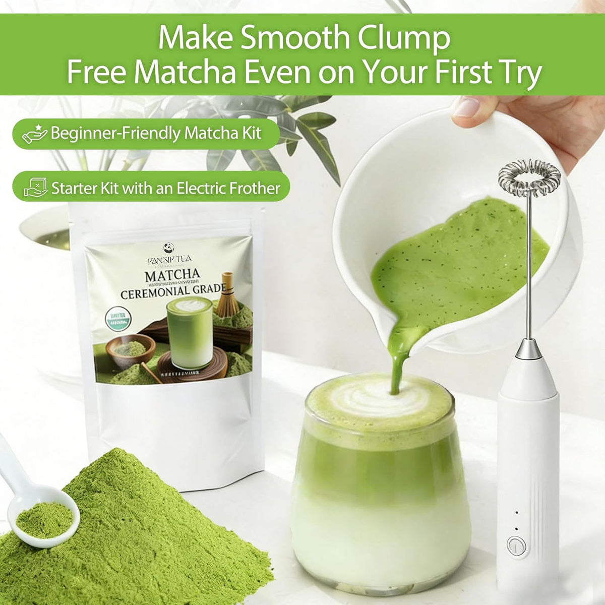 Juego de polvo de matcha ceremonial 3.5 oz con espumador y kit iniciación