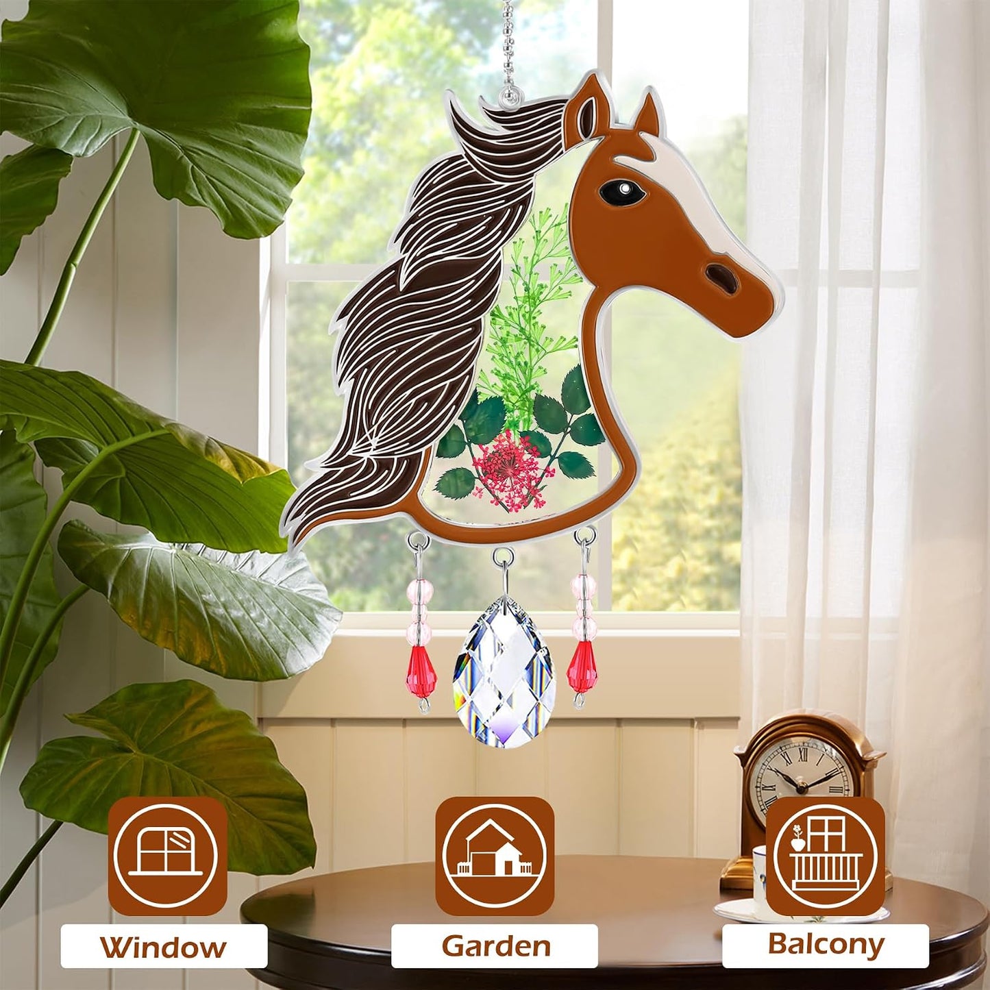 Atrapasoles cristal pintado caballo campanilla flor ventana