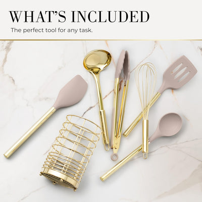 Set 7 Pzas Utensilios Cocina Beige Dorado Silicona Acero Inox