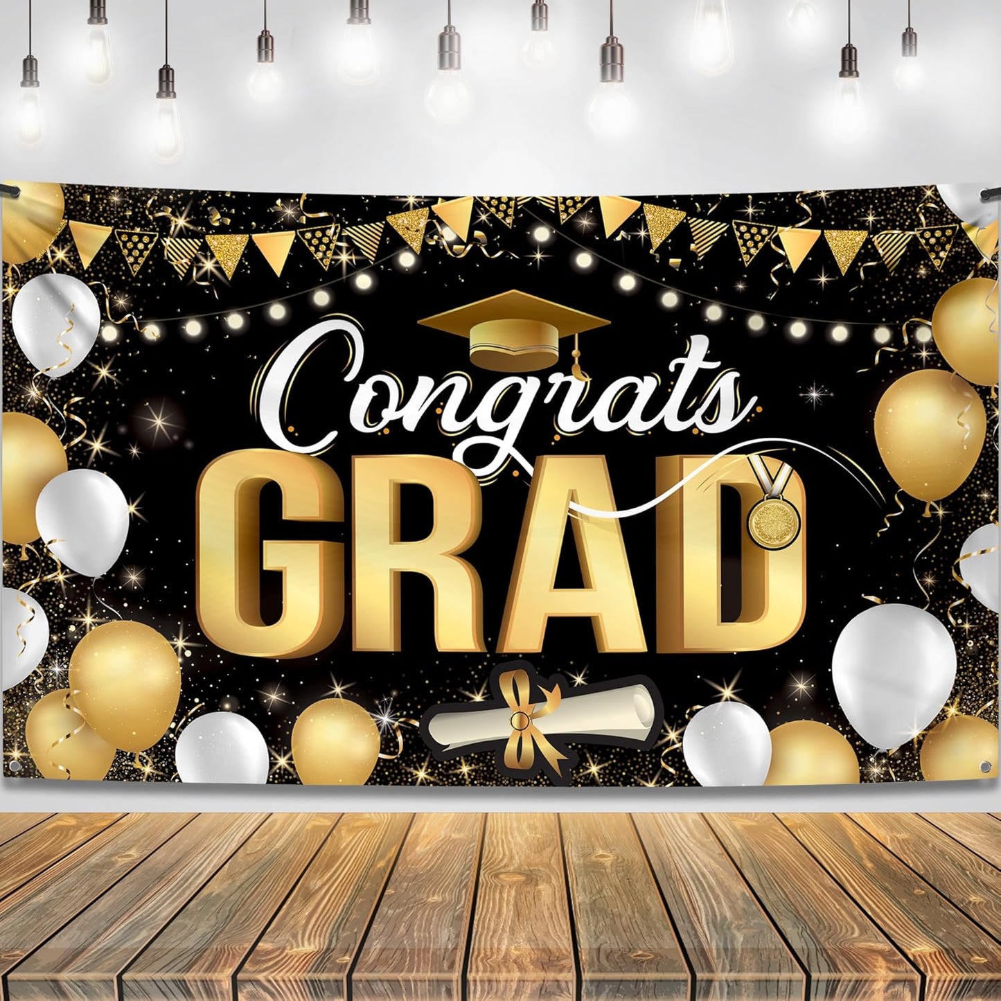 Pancarta graduación 72x44pulg negro y dorado telón fiesta