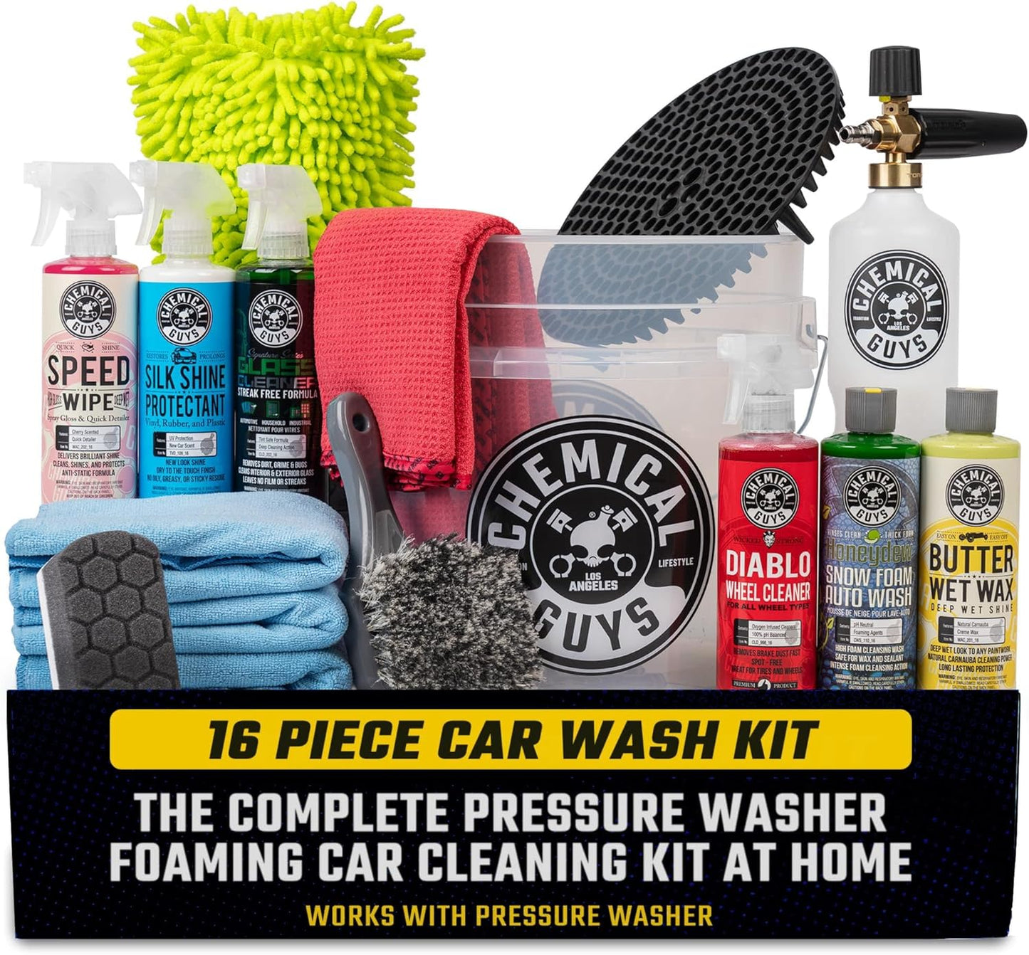 Kit lavado coche 16 Pzas cañón espuma cubeta 6x16oz