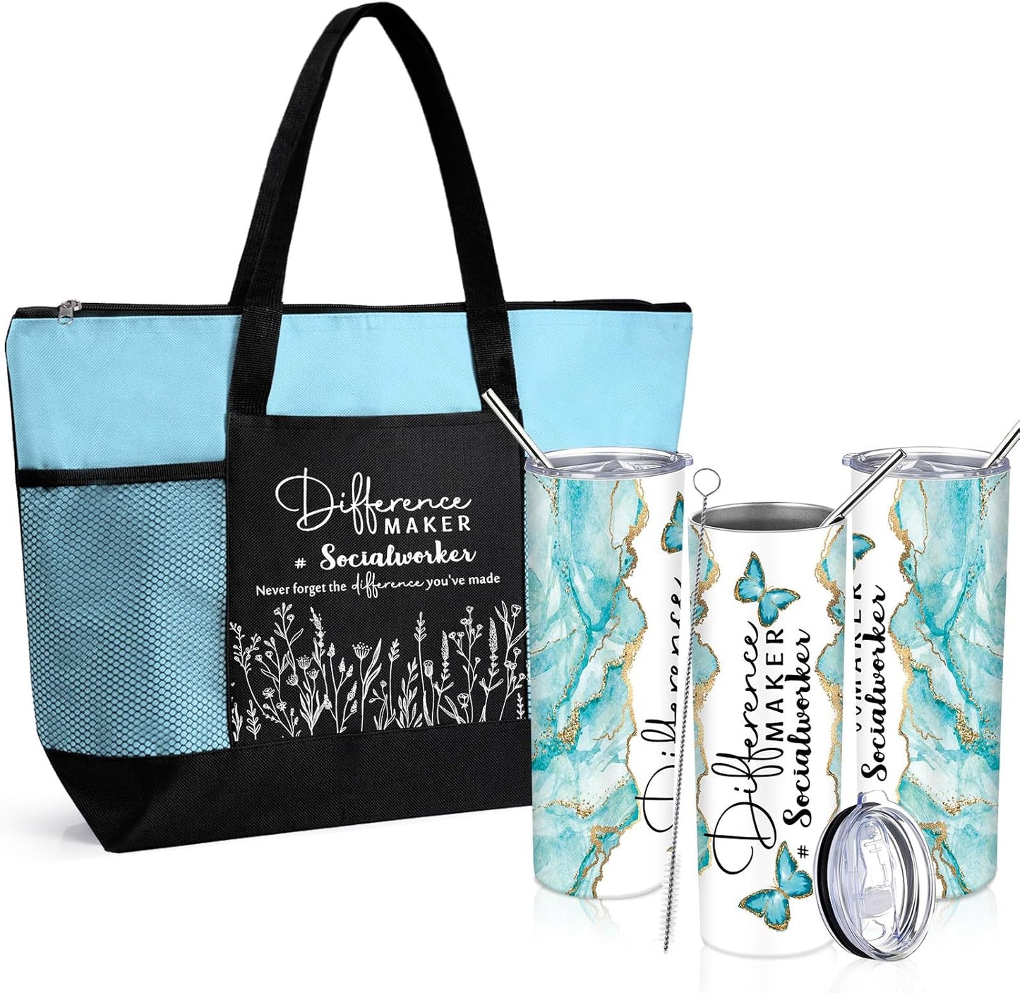 Juego bolso tote y taza 20oz con pajita para trabajadoras sociales