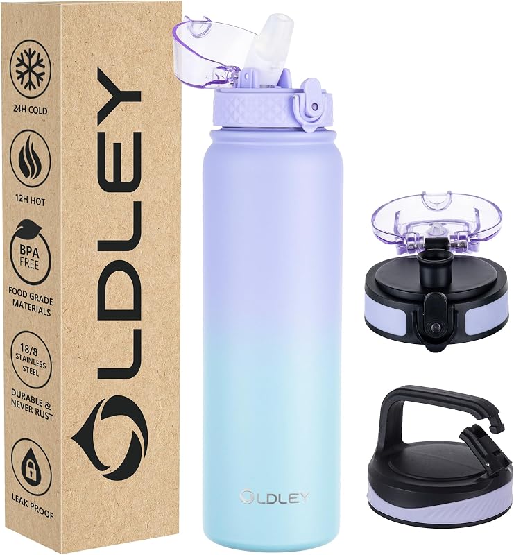 Botella agua acero inox 32oz con pajilla 3 tapas color morado