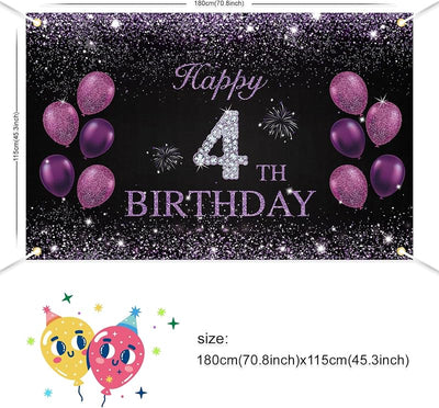 Pancarta Feliz 4º Cumpleaños Niña Morada 5.9x3.8pies