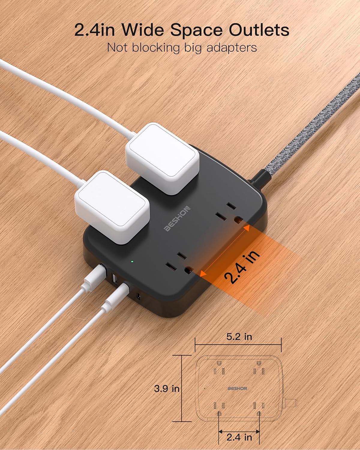 Regleta alimentación 2 USB C 5ft 4 tomas 4 puertos USB negro
