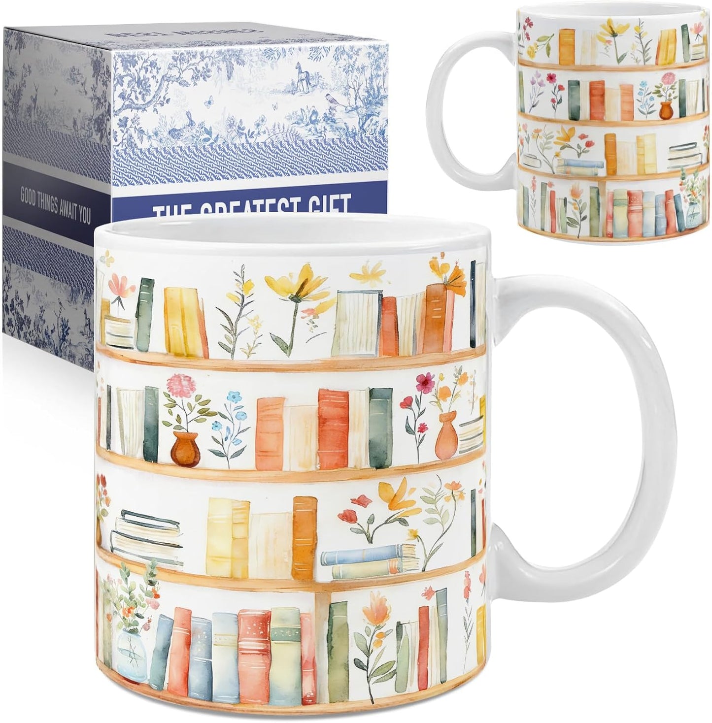 Taza Regalo Amantes Libros Diseño Floral Estantería