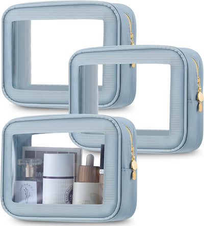 Bolsa maquillaje transparente 3 Pzas organiz. viaje azul