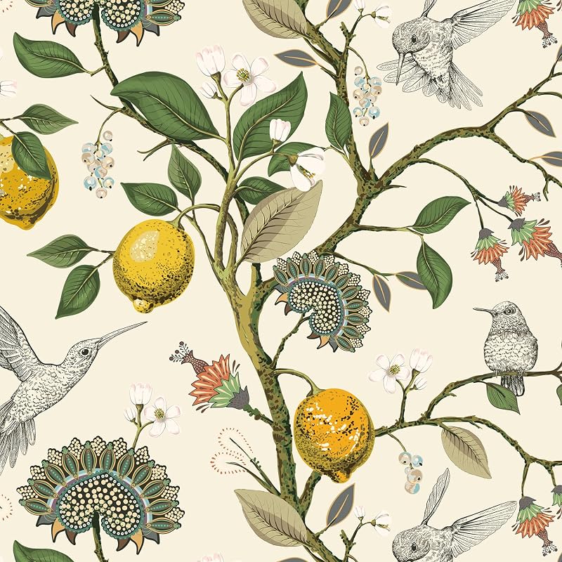 Papel tapiz autoadhesivo vintage pájaros amarillo 17.5x276"