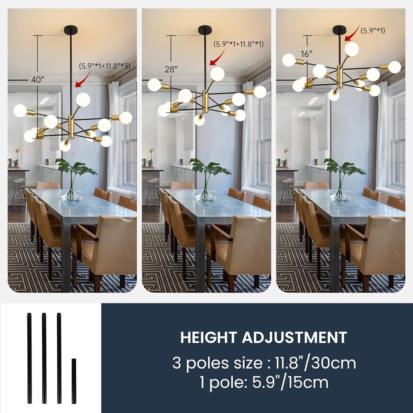 Candelabro Sputnik 10 Luces Negro Dorado Estilo 50s