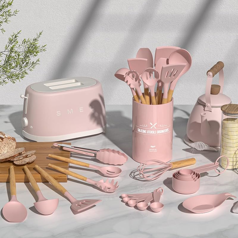 Set 33 Pzas Utensilios Silicona Antiadherente Mango Madera Rosa