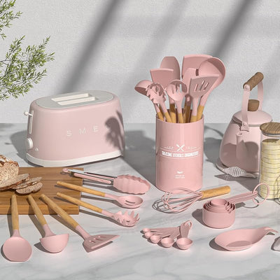 Set 33 Pzas Utensilios Silicona Antiadherente Mango Madera Rosa