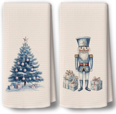 Juego 2 paños cocina navidad diseño árbol azul retro 16x24