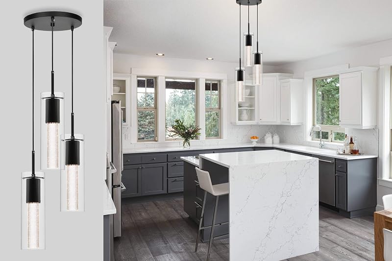 Lámpara colgante isla cocina 3 luces LED cristal burbuja