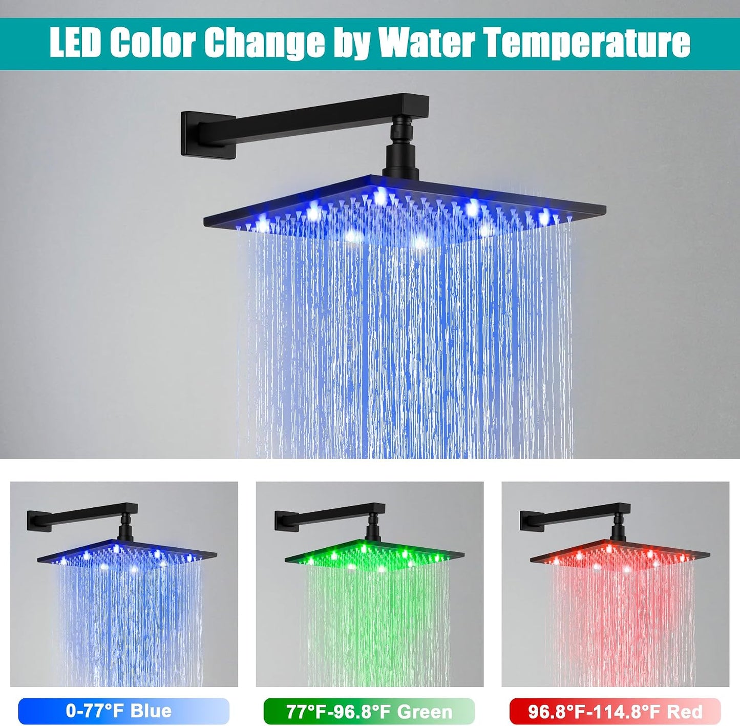 Grifo ducha lluvia 12pulg 6 rociadores LED negro mate