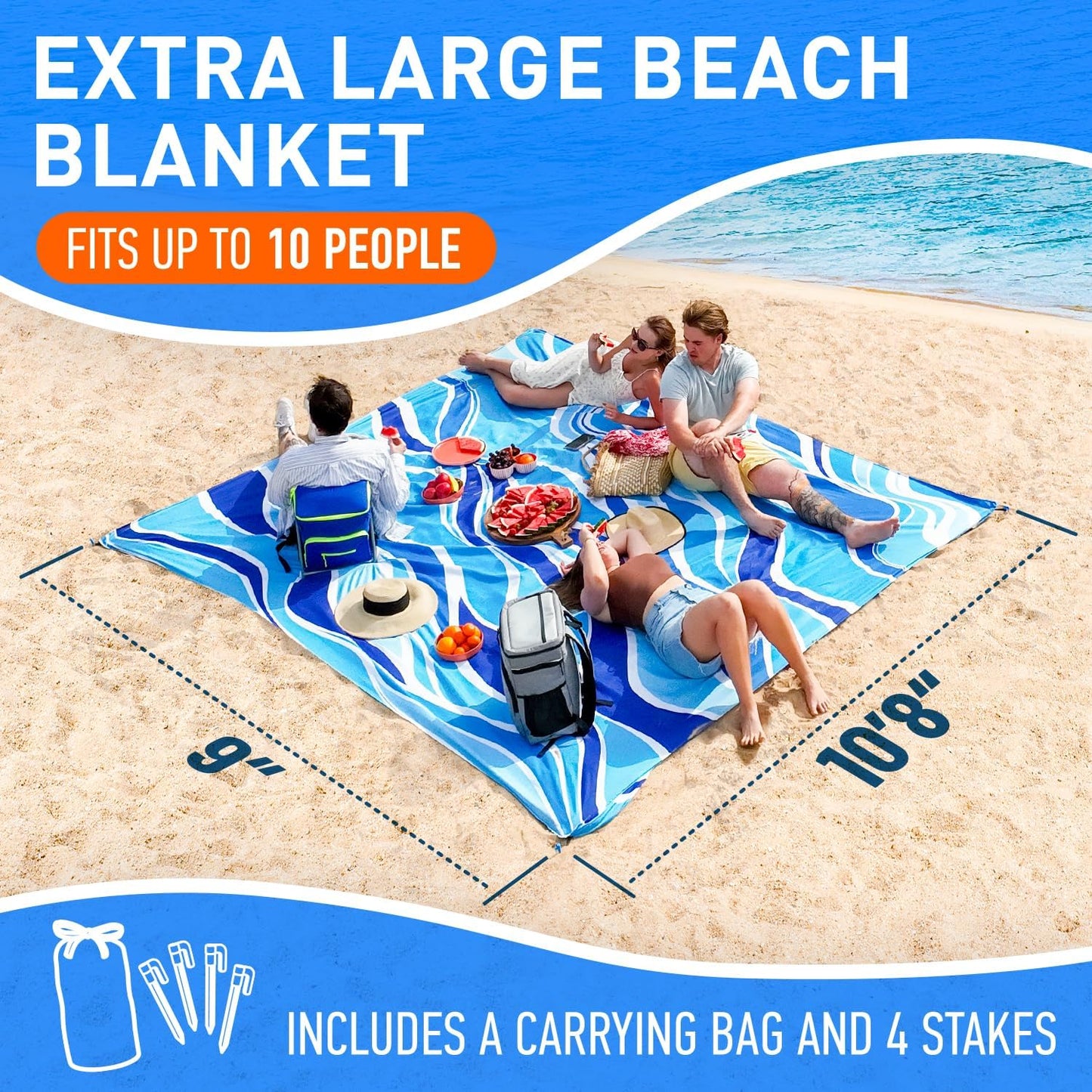 Manta playa impermeable 128x108" azul para 10 personas