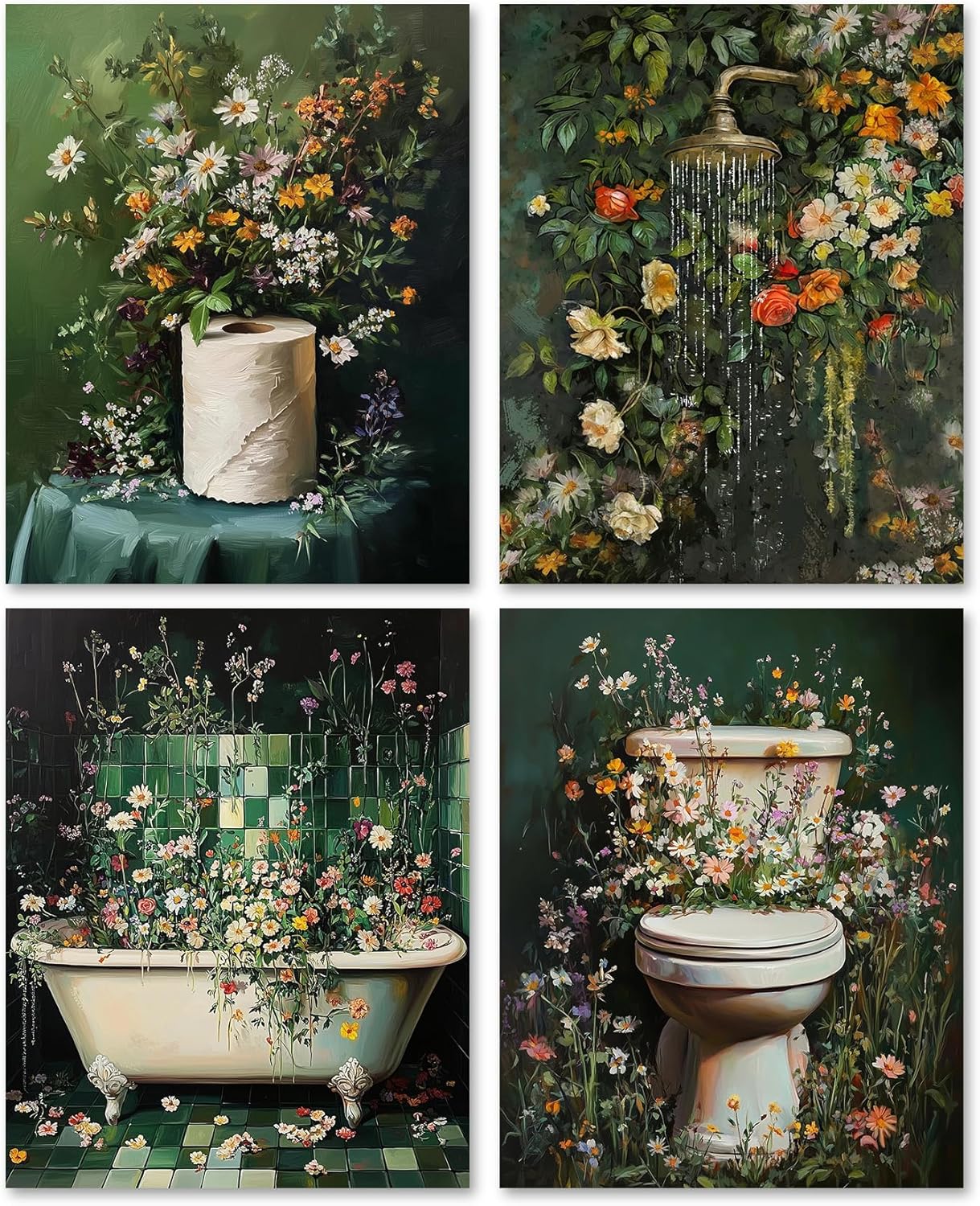 4 Pzas Impresiones Pared Baño Floral Vintage 8x10pulg Rústico