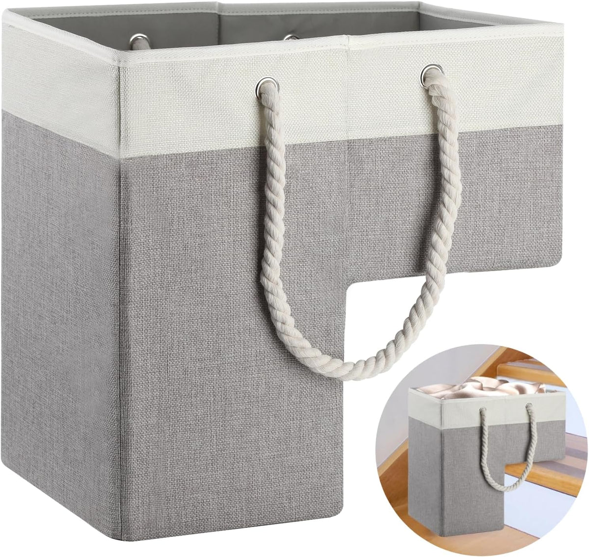 Cesta plegable lino para escaleras 16pulg con asas algodón