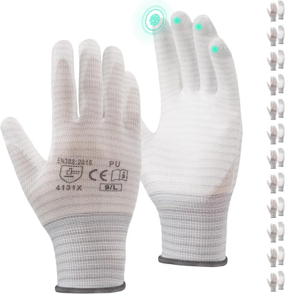 12 Pzas Guantes Trabajo Antiderrap Poliéster PU Hombre Mujer