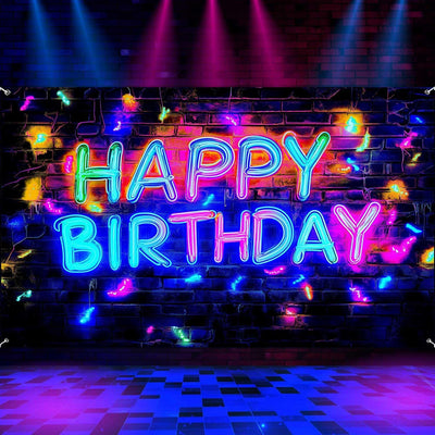 Cartel neón feliz cumpleaños luz negra decoración fiesta