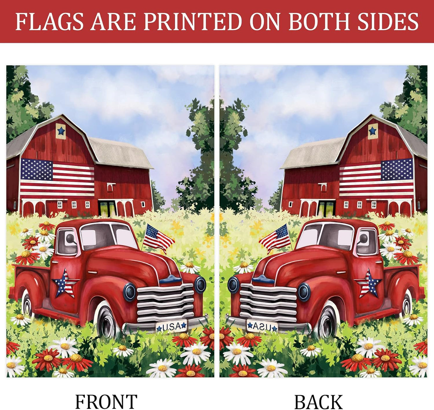 Bandera patriótica Estados Unidos diseño floral camión rojo jardín