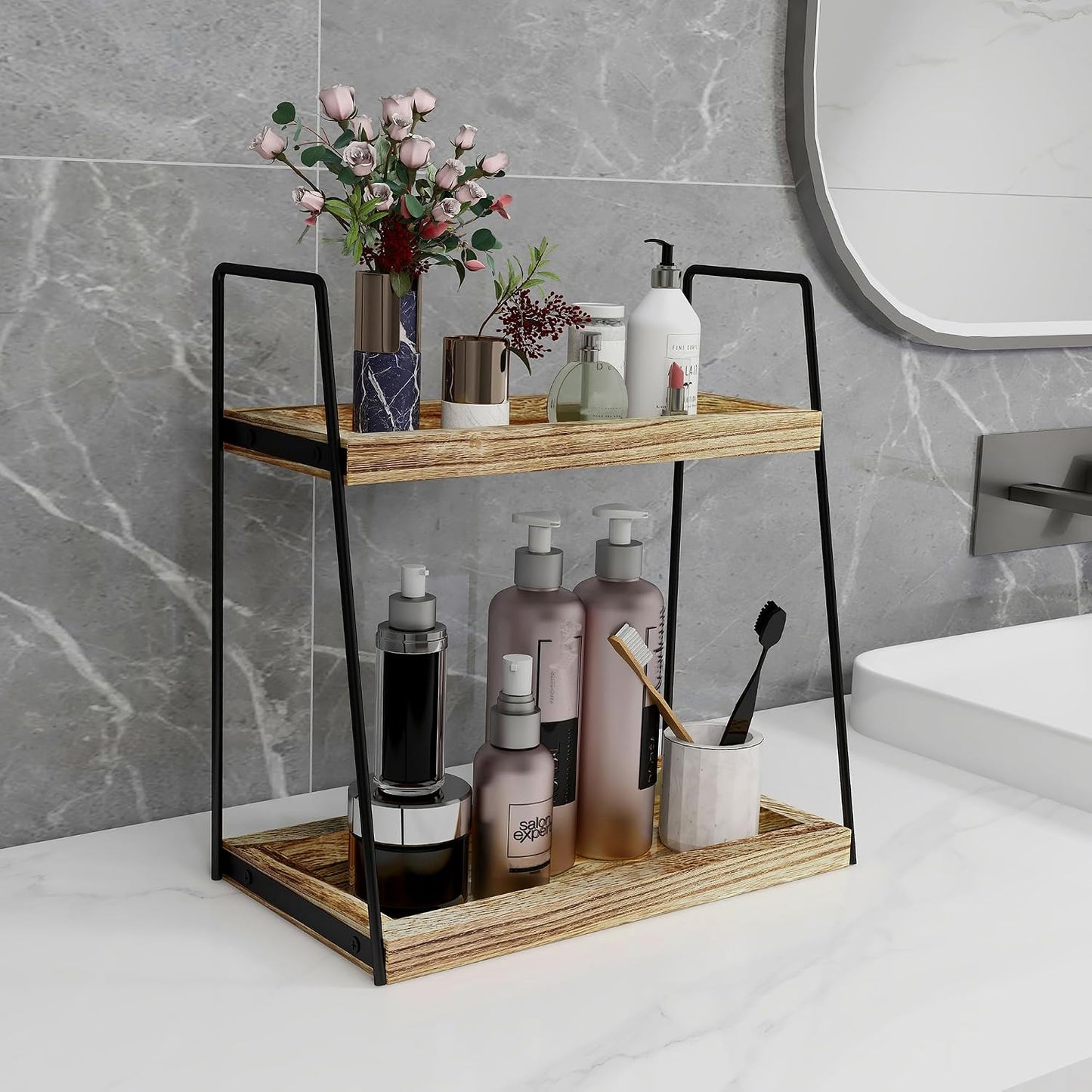 Organiz. de baño 2 niveles estante madera cocina