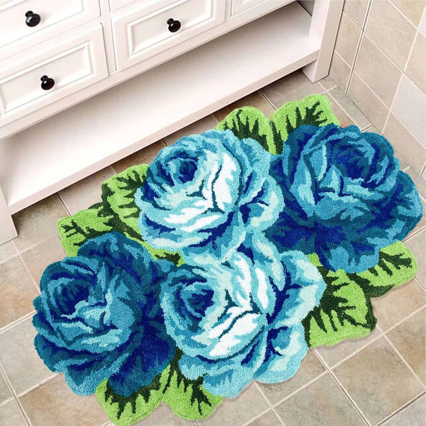 Alfombra baño rosas esponjosas azul antiderrap 2.3x3.6pies