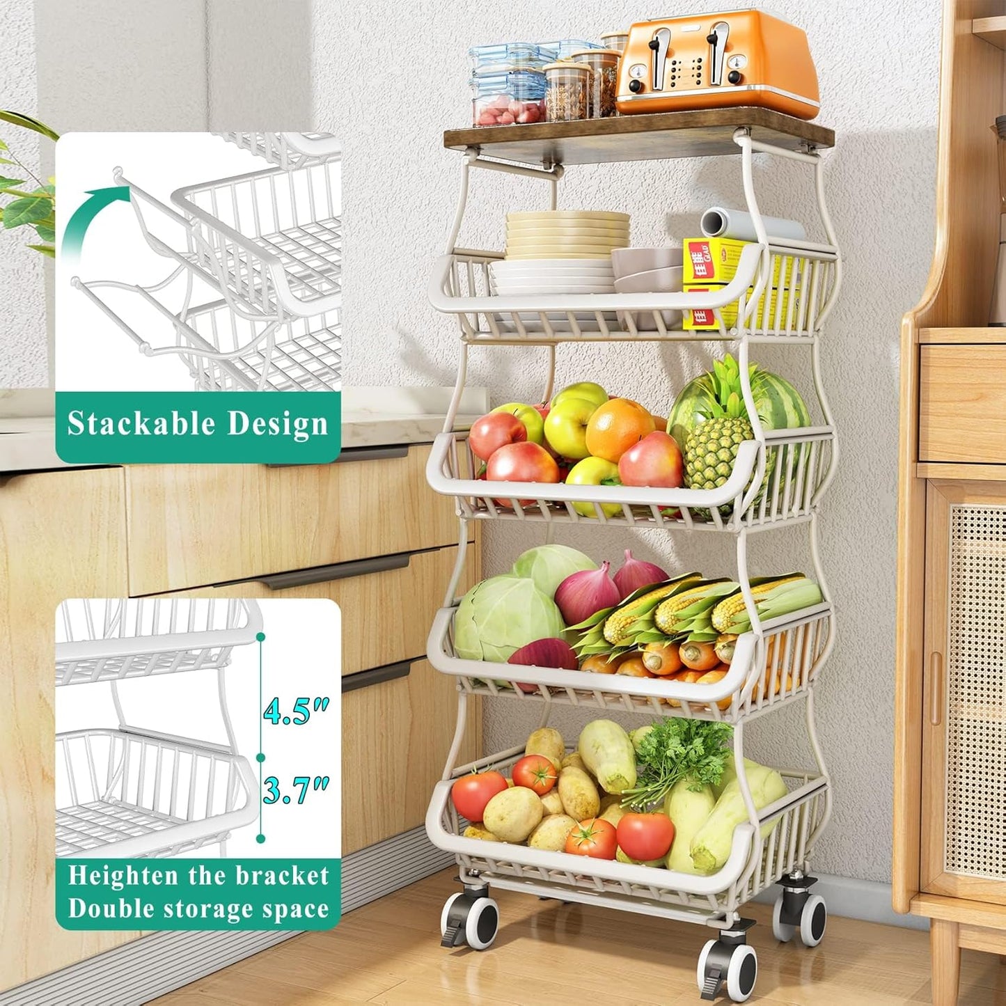 Cesta frutas cocina 5 niveles madera apilable con ruedas