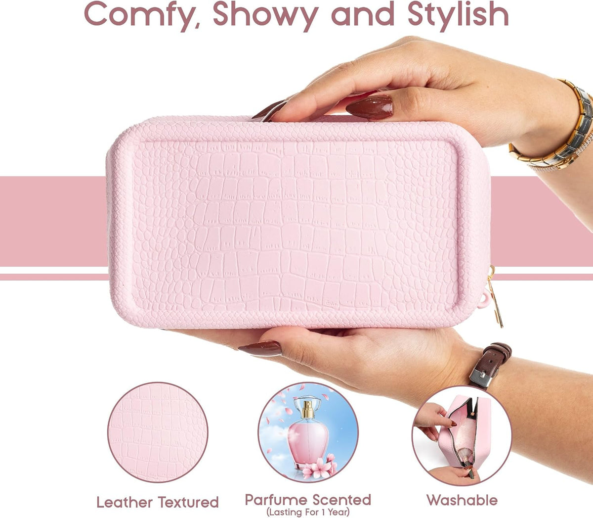 Bolsa maquillaje silicona impermeable textura cuero aroma rosa