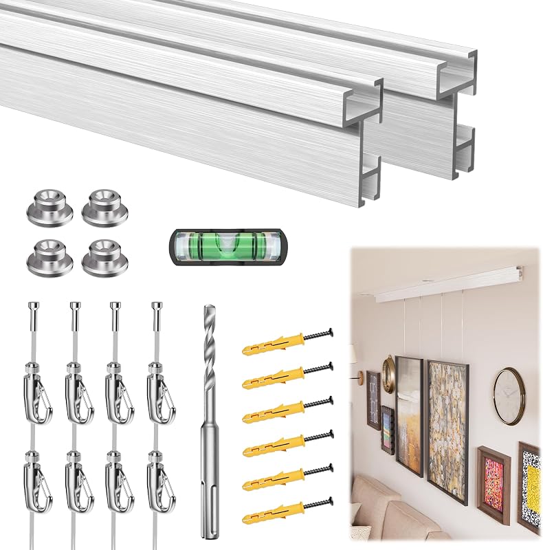 Sistema colgar cuadros 47pulg 2 rieles 4 cables nailon