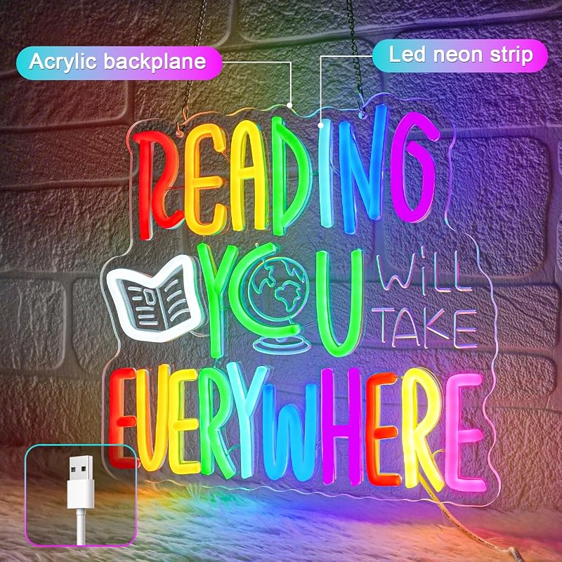 Letrero neón aula lectura inspiradora con texto en inglés