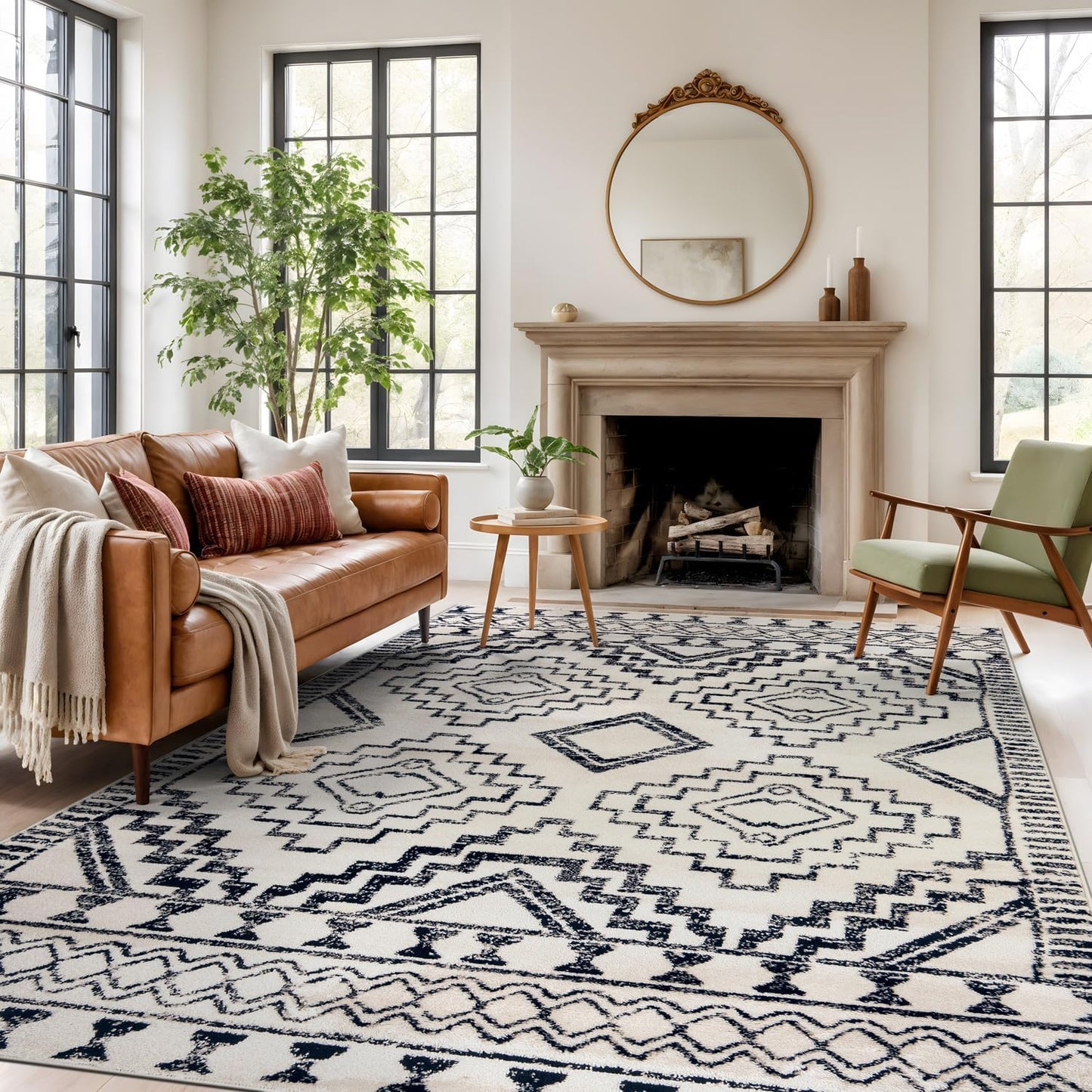 Alfombra tribal suroeste 7x10ft crema y negro sala