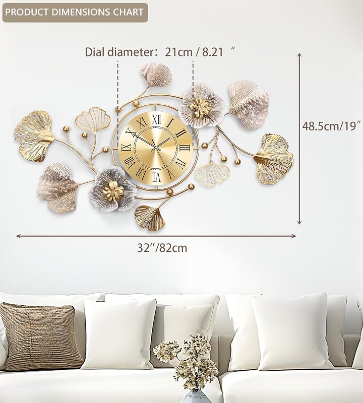 Reloj pared silencioso 3D diseño ginkgo metal 32x18pulg