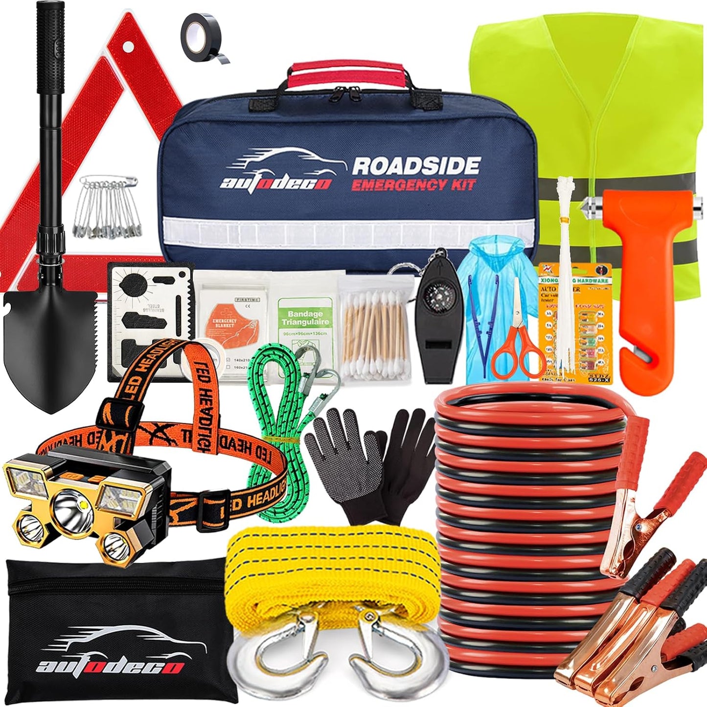 Kit emergencia carretera con cables puente martillo pala