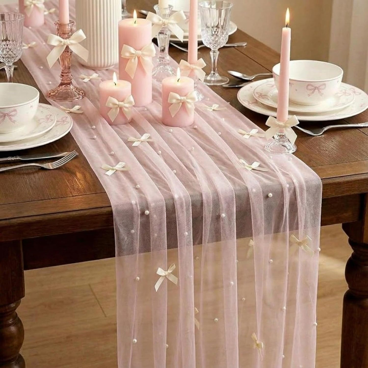 Camino mesa lazo perlas encaje tul decoración boda bohemia