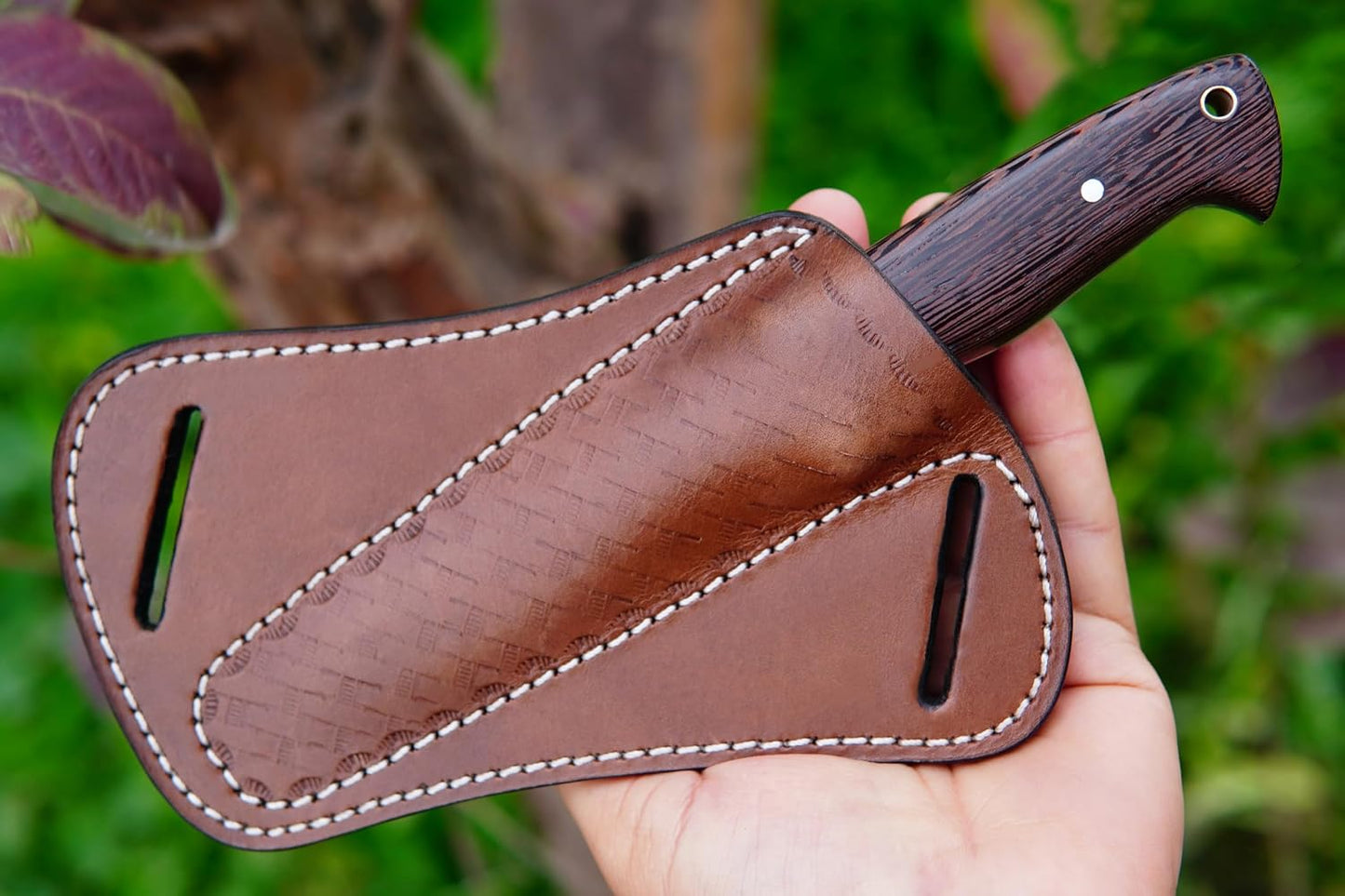 Cuchillo bushcraft acero 1095 mango wengué funda cuero