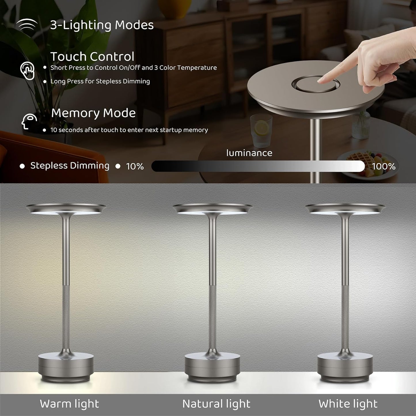 Lámpara mesa inalámbrica recargable led táctil plateada