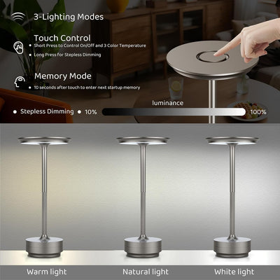 Lámpara mesa inalámbrica recargable led táctil plateada