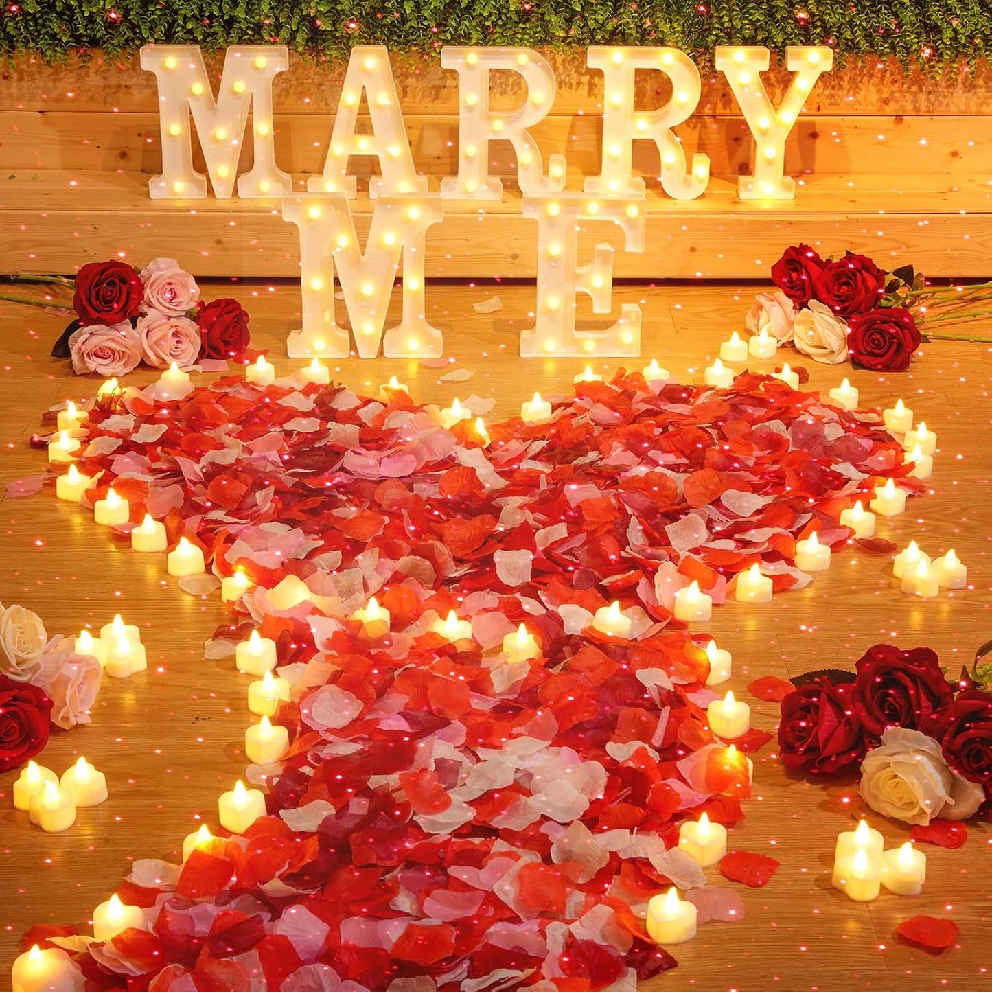 Letras iluminadas USB con velas corazón y pétalos rosa