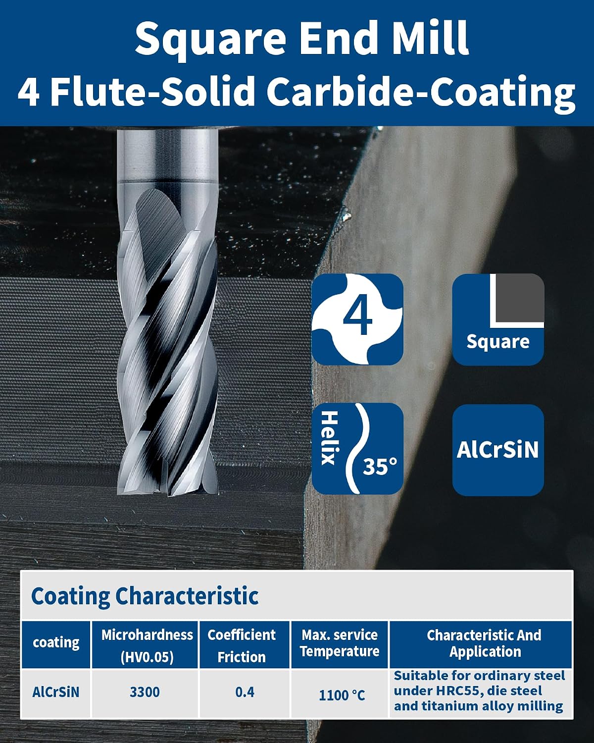 Fresa cuadrada carburo 3/16pulg 4 flautas alcrsin acero