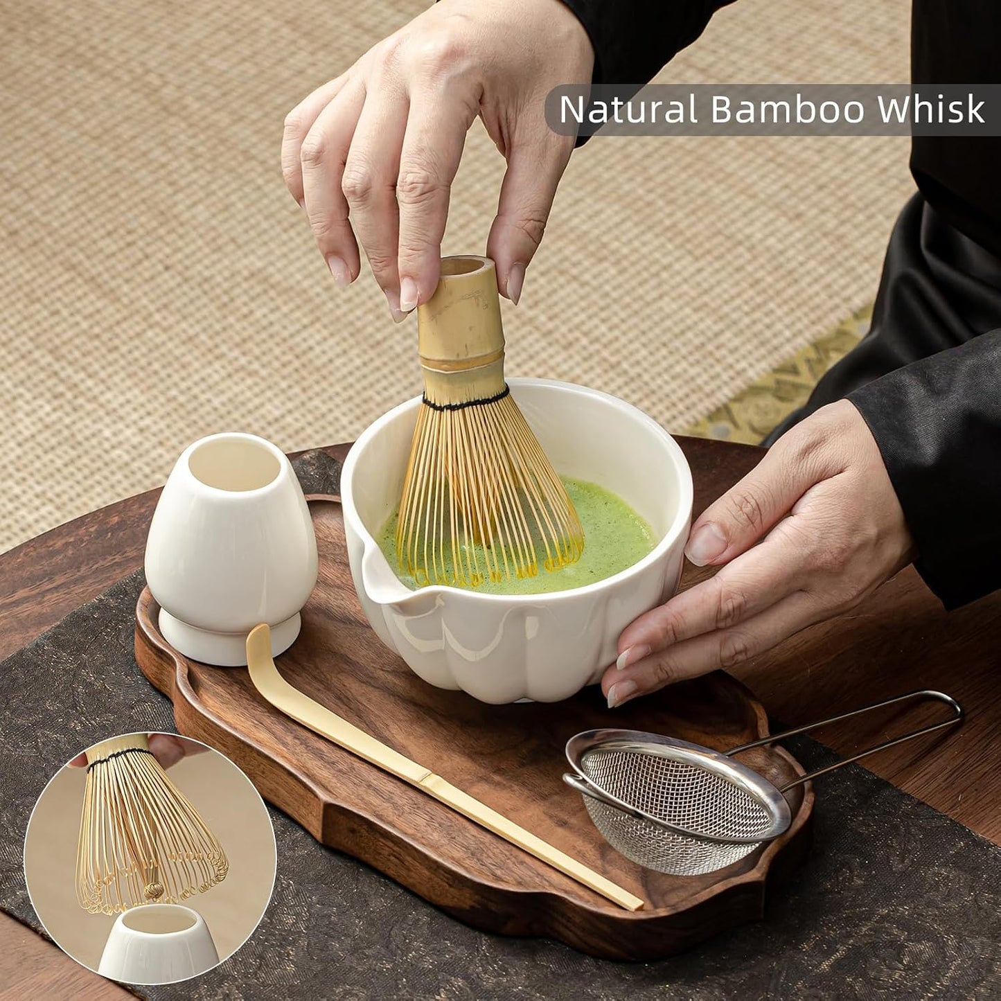 Set 5 Pzas Batidor Matcha Cerámica Bambú Cuchara