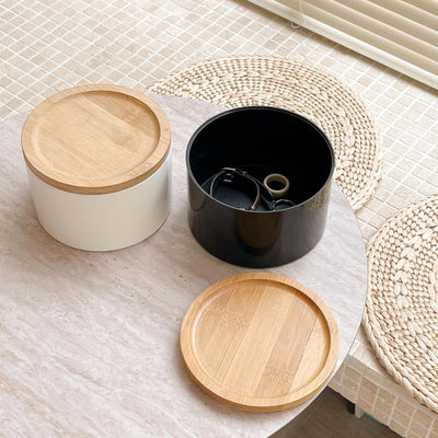 Caja organizadora joyas redonda con tapa madera blanco