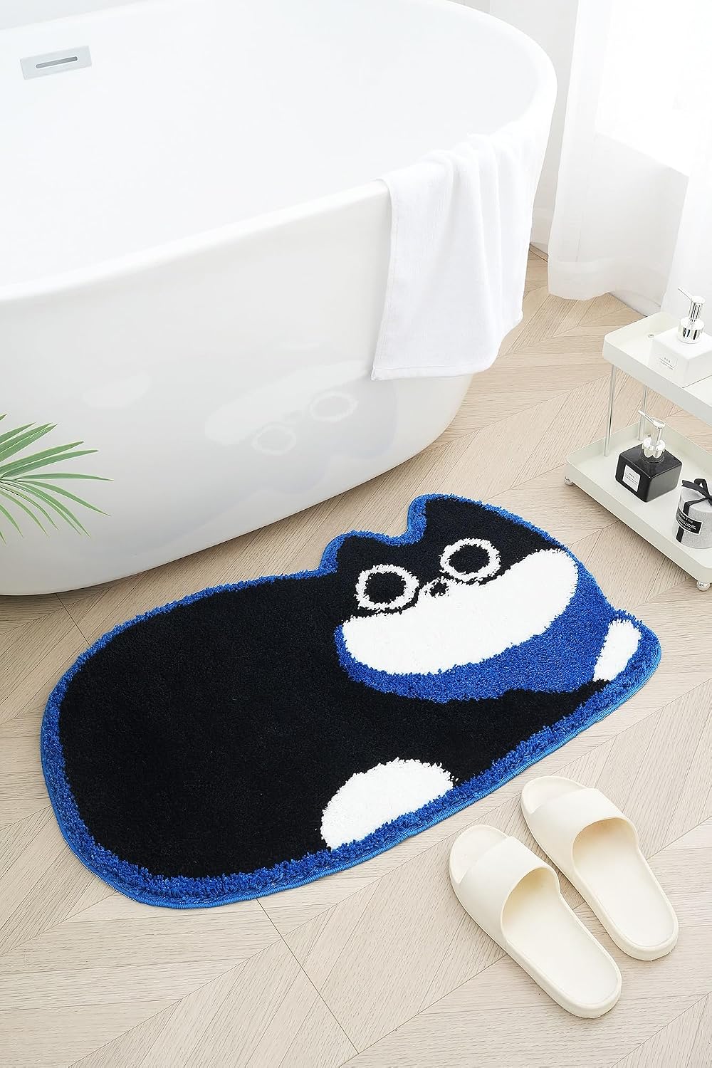 Tapete baño gato antideslizante absorbente negro azul