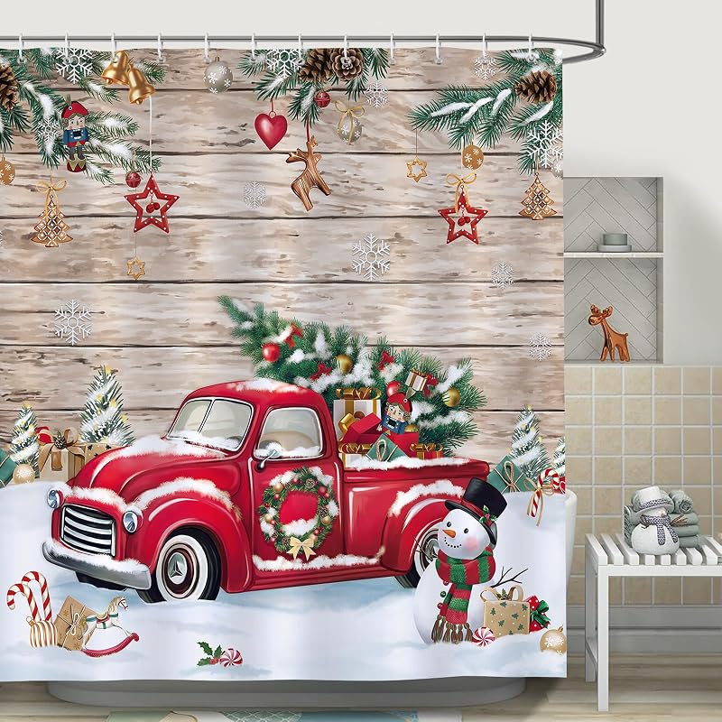 Cortina ducha camión rojo navidad 72x72pulg poliéster